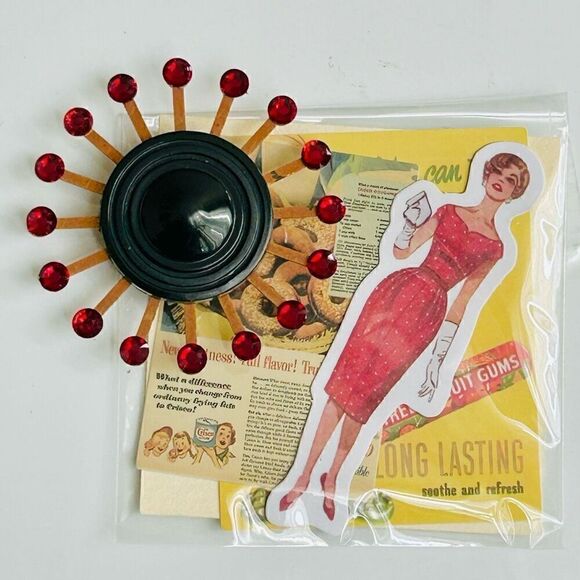 Upcycled Atomic Starburst Refrigerator Magnet Buttons Rhinestones Black Red - Picture 4 of 5